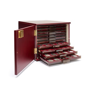 Münzbox-Kabinett für 10 Standard-Münzboxen, mahagonifarben