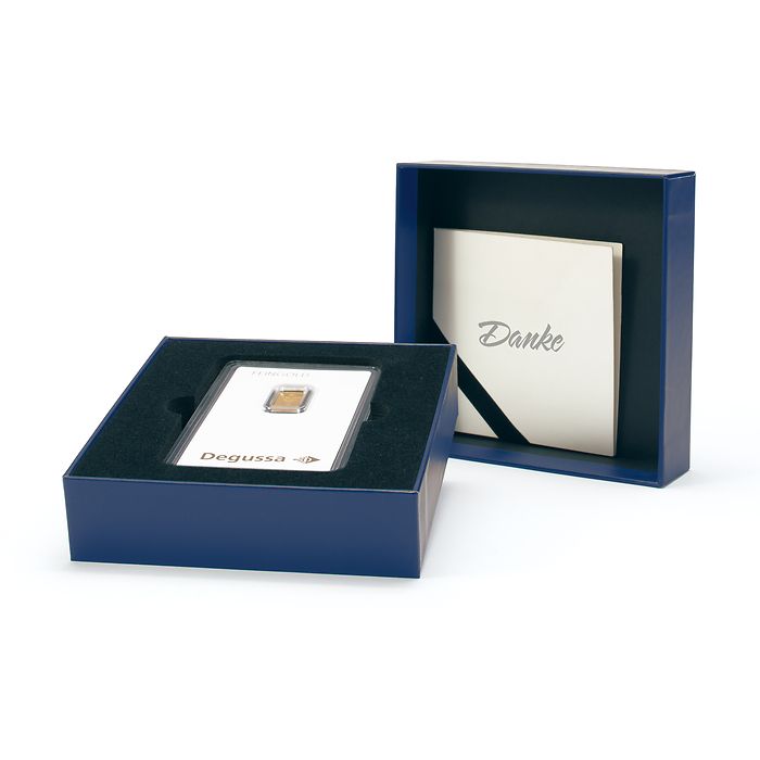 Geschenkschachtel für einen Goldbarren in Blisterverpackung „DANKE“, klassisch